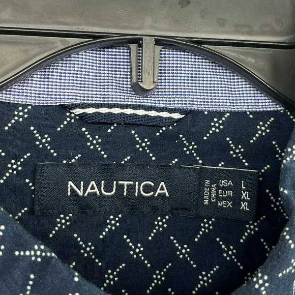 Nautica Button Down Shirt Mens Large Navy Blue Cross Pattern Pockets Long Sleeve - Picture 10 of 12